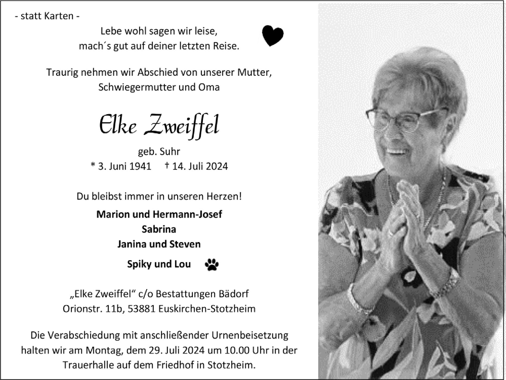  Traueranzeige für Elke Zweiffel vom 20.07.2024 aus  Blickpunkt Euskirchen 