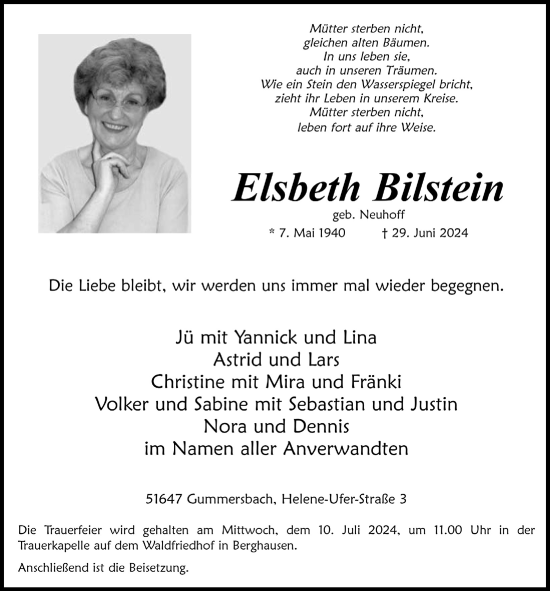 Anzeige von Elsbeth Bilstein von  Anzeigen Echo 