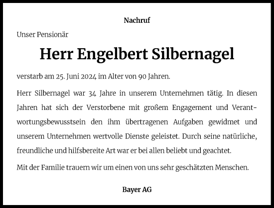 Anzeige von Engelbert Silbernagel von Kölner Stadt-Anzeiger / Kölnische Rundschau / Express