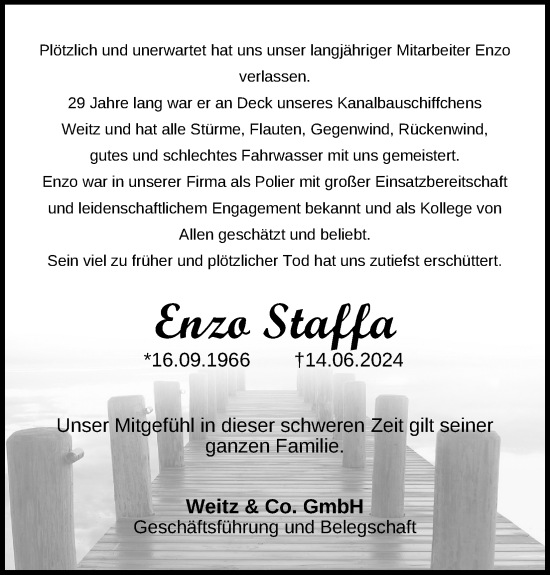Anzeige von Enzo Staffa von Kölner Stadt-Anzeiger / Kölnische Rundschau / Express
