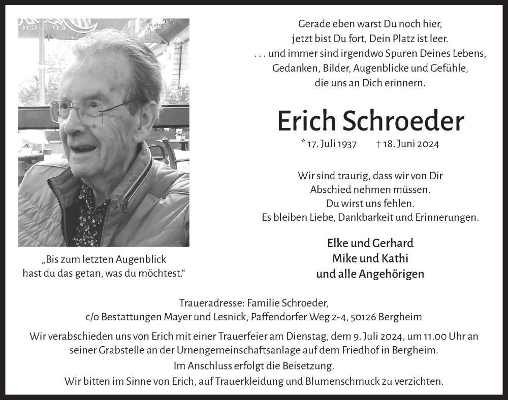 Traueranzeige für Erich Schroeder vom 05.07.2024 aus  Werbepost 