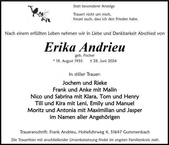 Anzeige von Erika Andrieu von  Anzeigen Echo 