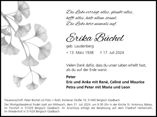 Anzeige von Erika Büchel von Kölner Stadt-Anzeiger / Kölnische Rundschau / Express