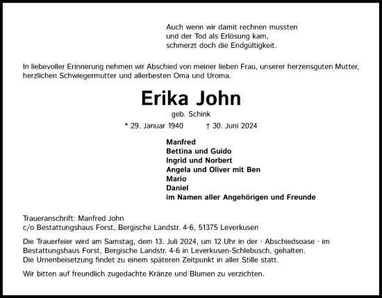 Anzeige von Erika John von Kölner Stadt-Anzeiger / Kölnische Rundschau / Express