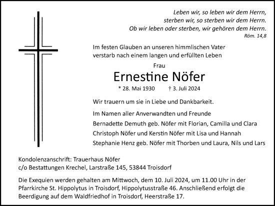 Anzeige von Ernestine Nöfer von Kölner Stadt-Anzeiger / Kölnische Rundschau / Express