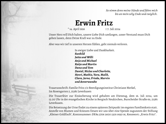 Anzeige von Erwin Fritz von Kölner Stadt-Anzeiger / Kölnische Rundschau / Express