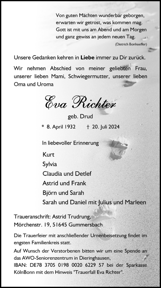 Anzeige von Eva Richter von  Anzeigen Echo 