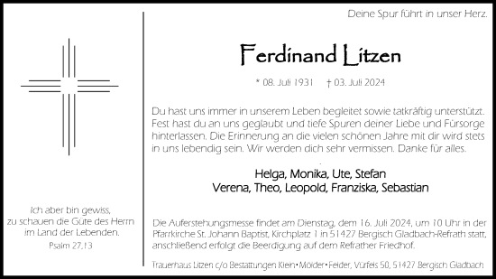 Anzeige von Ferdinand Litzen von Kölner Stadt-Anzeiger / Kölnische Rundschau / Express