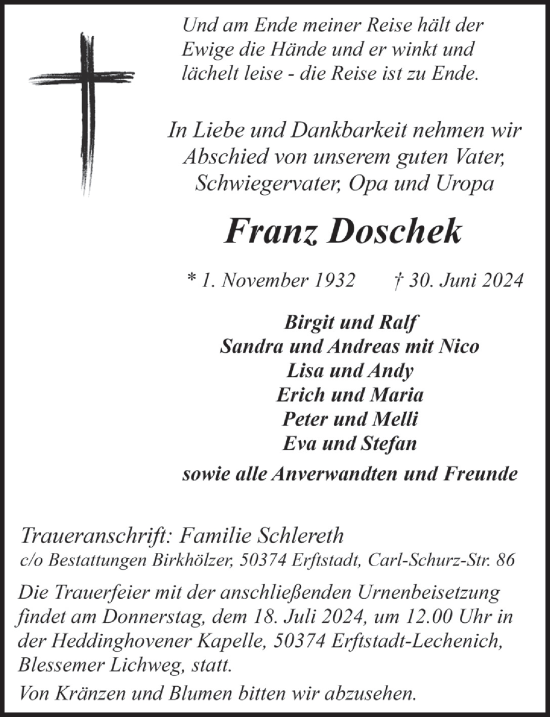 Anzeige von Franz Doschek von  Werbepost 
