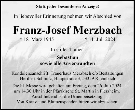 Anzeige von Franz-Josef Merzbach von  Schaufenster/Blickpunkt 