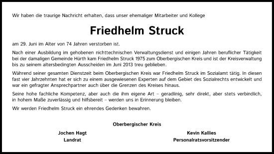 Anzeige von Friedhelm Struck von Kölner Stadt-Anzeiger / Kölnische Rundschau / Express