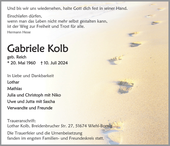 Anzeige von Gabriele Kolb von  Anzeigen Echo 