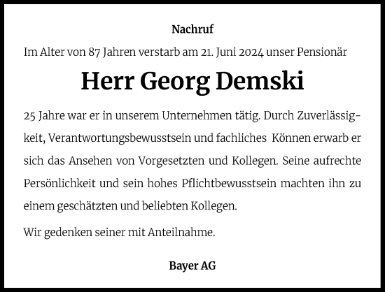 Anzeige von Georg Demski von Kölner Stadt-Anzeiger / Kölnische Rundschau / Express