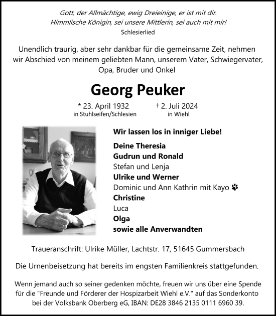 Anzeige von Georg Peuker von  Anzeigen Echo 