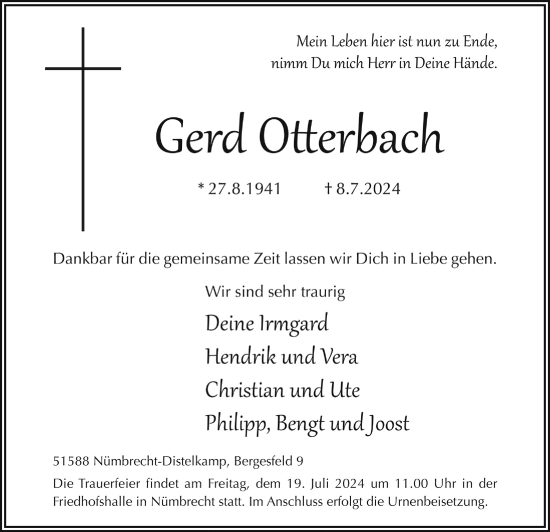 Anzeige von Gerd Otterbach von  Anzeigen Echo  Lokalanzeiger 