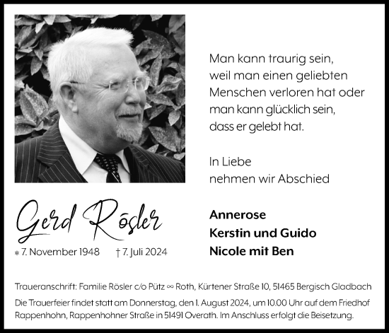 Anzeige von Gerd Rösler von Kölner Stadt-Anzeiger / Kölnische Rundschau / Express