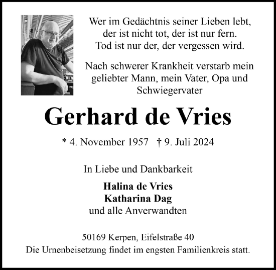 Anzeige von Gerhard de Vries von  Werbepost 