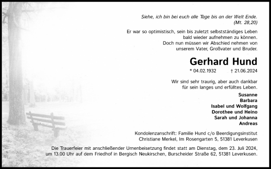 Anzeige von Gerhard Hund von Kölner Stadt-Anzeiger / Kölnische Rundschau / Express