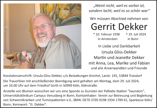 Anzeige von Gerrit Dekker von Kölner Stadt-Anzeiger / Kölnische Rundschau / Express