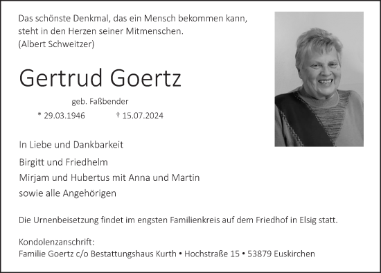 Anzeige von Gertrud Goertz von  Blickpunkt Euskirchen 