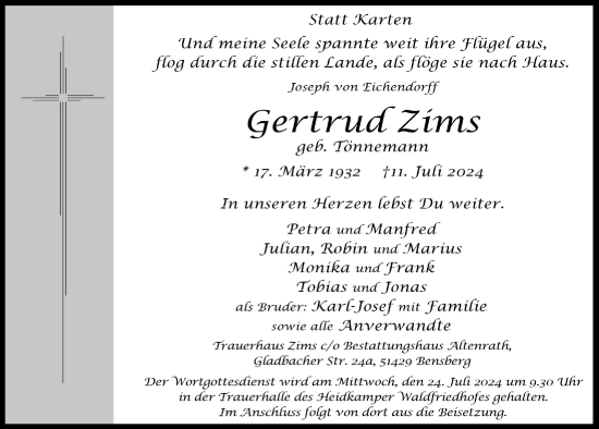 Anzeige von Gertrud Zims von  Bergisches Handelsblatt 