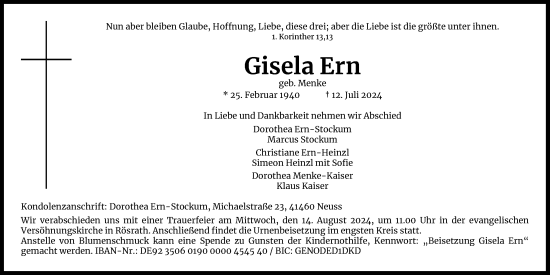 Anzeige von Gisela Ern von Kölner Stadt-Anzeiger / Kölnische Rundschau / Express