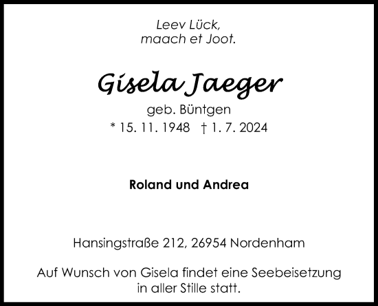 Anzeige von Gisela Jaeger von Kölner Stadt-Anzeiger / Kölnische Rundschau / Express