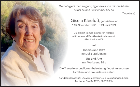 Anzeige von Gisela Kleefuß von Kölner Stadt-Anzeiger / Kölnische Rundschau / Express