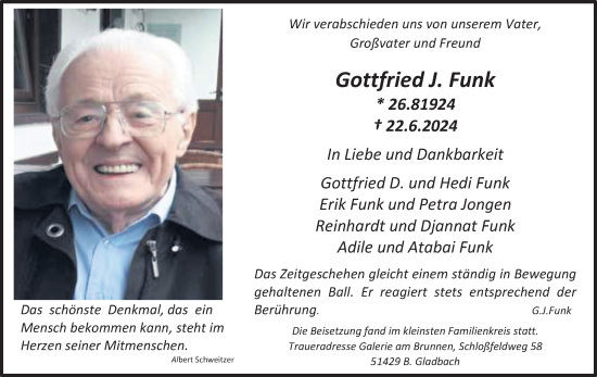 Anzeige von Gottfried Funk von Kölner Stadt-Anzeiger / Kölnische Rundschau / Express