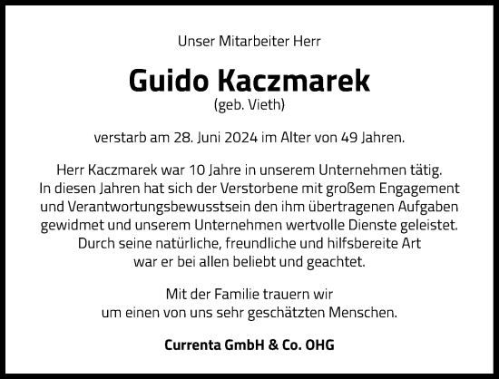 Anzeige von Guido Kaczmarek von Kölner Stadt-Anzeiger / Kölnische Rundschau / Express