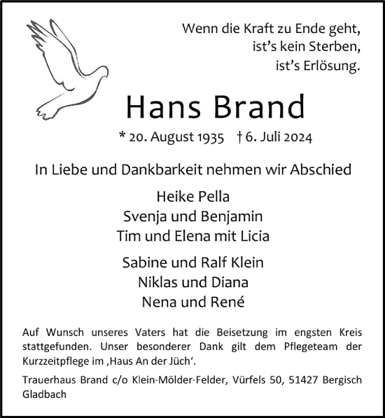 Anzeige von Hans Brand von  Bergisches Handelsblatt 