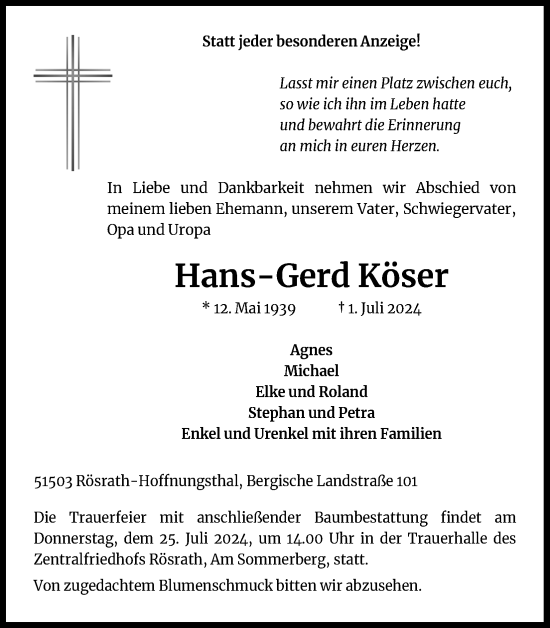 Anzeige von Hans-Gerd Köser von Kölner Stadt-Anzeiger / Kölnische Rundschau / Express