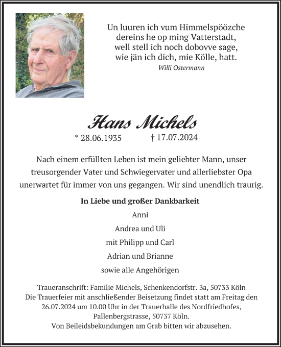 Anzeige von Hans Michels von Kölner Stadt-Anzeiger / Kölnische Rundschau / Express