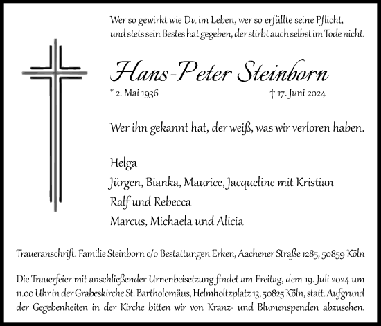Anzeige von Hans-Peter Steinborn von Kölner Stadt-Anzeiger / Kölnische Rundschau / Express