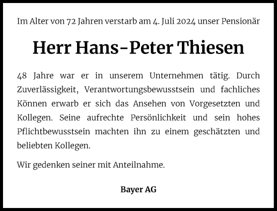 Anzeige von Hans-Peter Thiesen von Kölner Stadt-Anzeiger / Kölnische Rundschau / Express