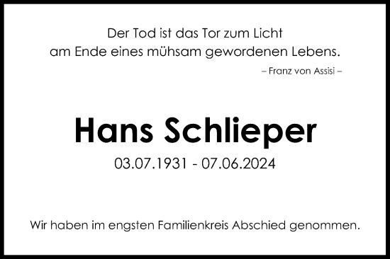 Anzeige von Hans Schlieper von Kölner Stadt-Anzeiger / Kölnische Rundschau / Express