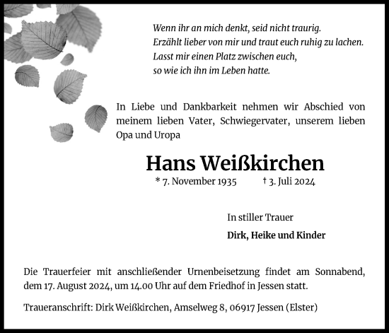 Anzeige von Hans Weißkirchen von Kölner Stadt-Anzeiger / Kölnische Rundschau / Express