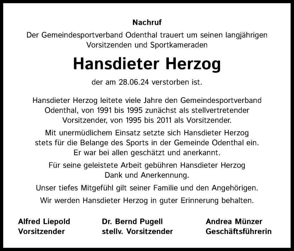  Traueranzeige für Hansdieter Herzog vom 06.07.2024 aus Kölner Stadt-Anzeiger / Kölnische Rundschau / Express