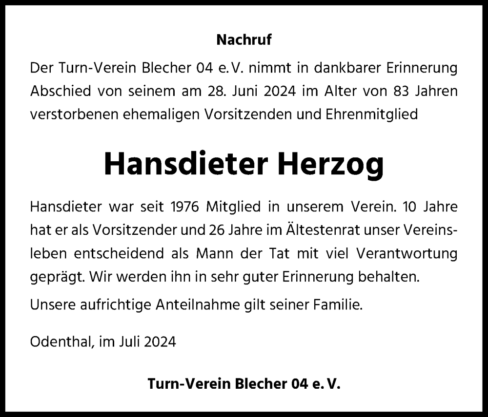  Traueranzeige für Hansdieter Herzog vom 06.07.2024 aus Kölner Stadt-Anzeiger / Kölnische Rundschau / Express