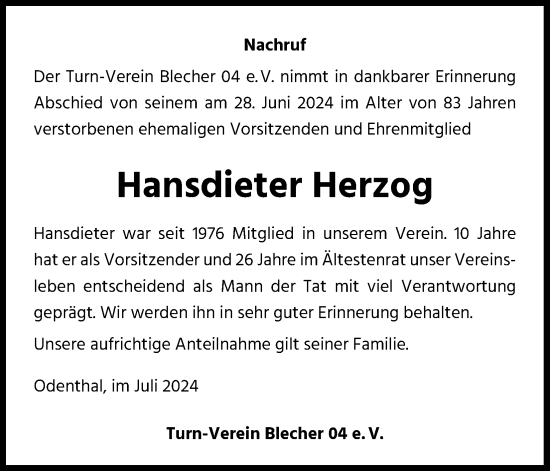 Anzeige von Hansdieter Herzog von Kölner Stadt-Anzeiger / Kölnische Rundschau / Express