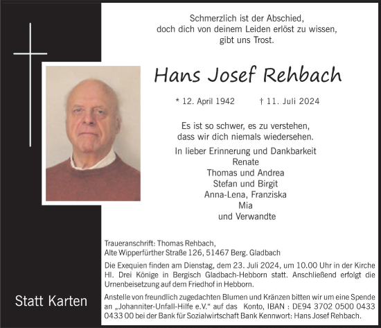 Anzeige von Hans Josef Rehbach von  Bergisches Handelsblatt 