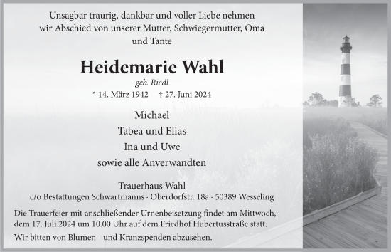 Anzeige von Heidemarie Wahl von  Schlossbote/Werbekurier 