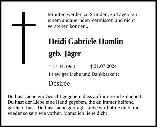 Anzeige von Heidi Gabriele Hamlin von Kölner Stadt-Anzeiger / Kölnische Rundschau / Express