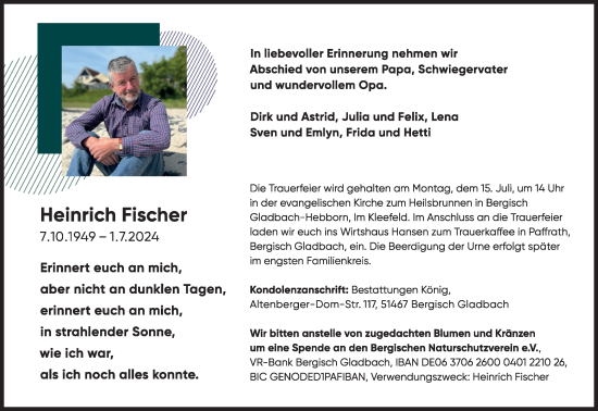 Anzeige von Heinrich Fischer von Kölner Stadt-Anzeiger / Kölnische Rundschau / Express