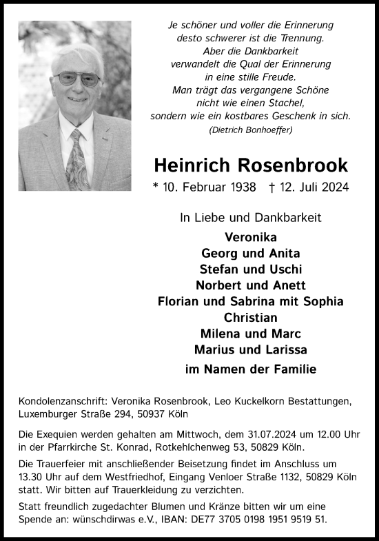 Anzeige von Heinrich Rosenbrook von Kölner Stadt-Anzeiger / Kölnische Rundschau / Express