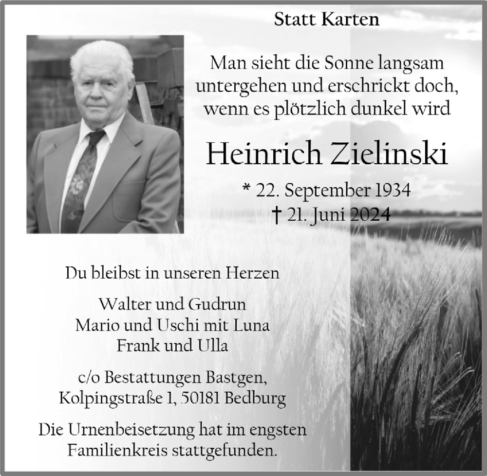  Traueranzeige für Heinrich Zielinski vom 12.07.2024 aus  Werbepost 