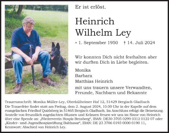 Anzeige von Heinrich Wilhelm Ley von  Bergisches Handelsblatt 