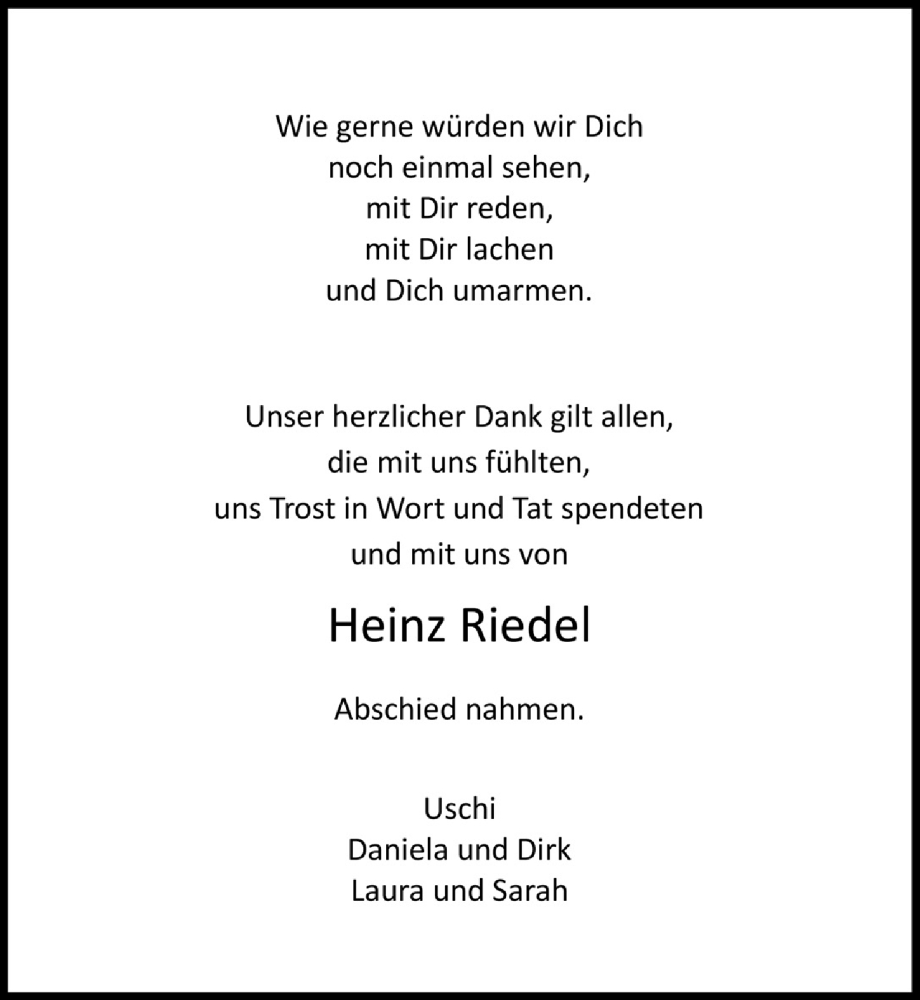  Traueranzeige für Heinz Riedel vom 05.07.2024 aus  Werbepost 