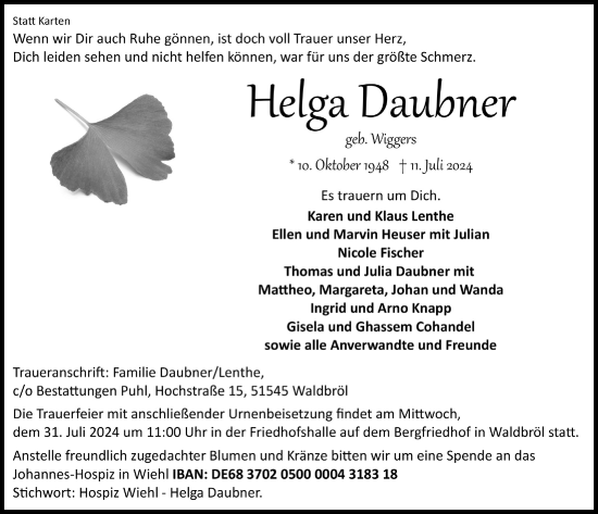 Anzeige von Helga Daubner von  Lokalanzeiger 