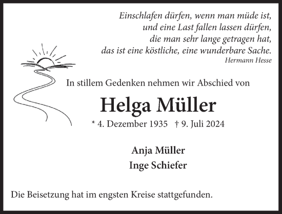 Anzeige von Helga Müller von  Schlossbote/Werbekurier 
